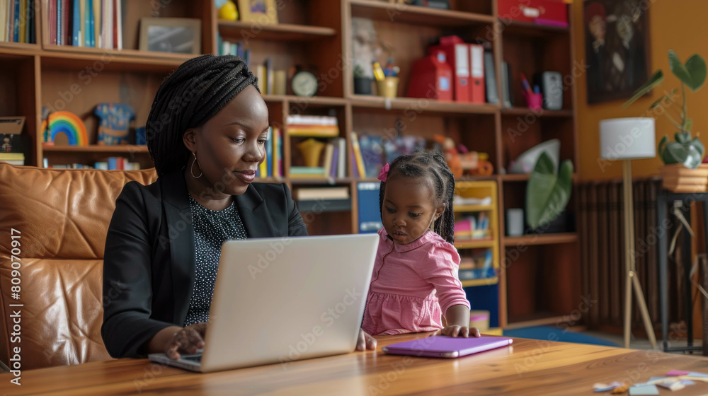 Black Businesswoman Mom Working On Her Laptop In Her Home With Her Daughter Black Businesswoman Mom Working On Her Laptop In Her Home With Her Daughter