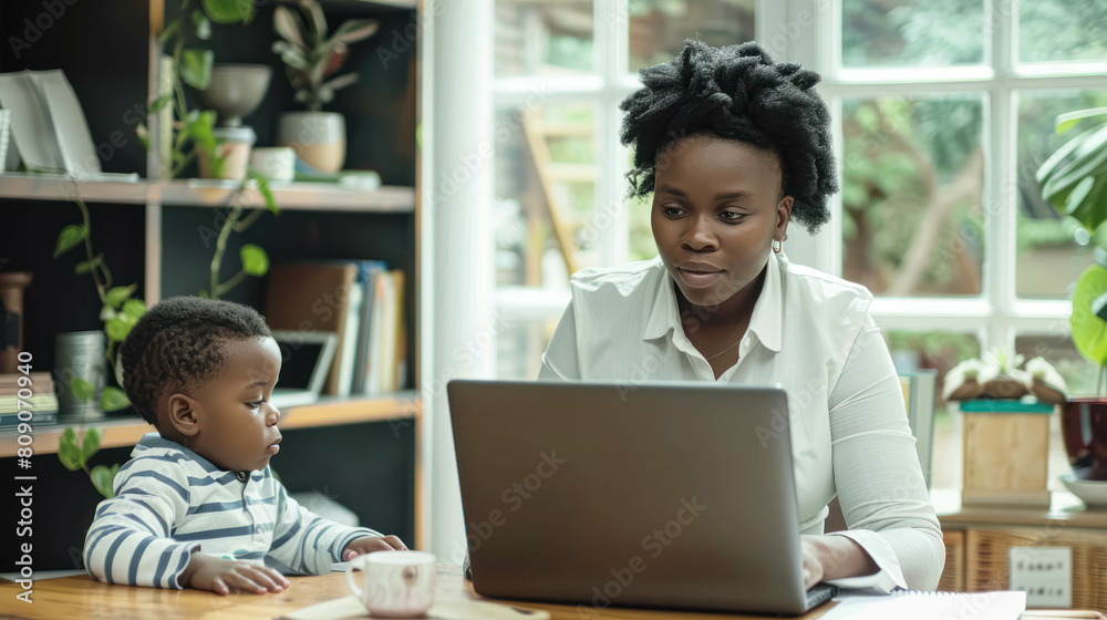 Black Businesswoman Mom Working On Her Laptop In Her Home With Her Son Black Businesswoman Mom Working On Her Laptop In Her Home With Her Son