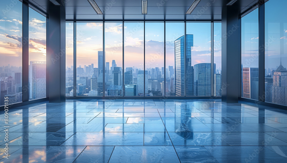 A large, empty room with a view of a city skyline by AI generated image A large, empty room with a view of a city skyline by AI generated image