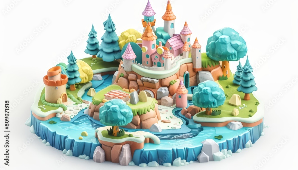 Obraz premium A cute isometric game, featuring whimsical characters on a quest through mythical lands, model isolated white background