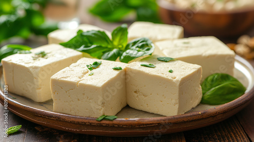 A plate of white cheese cubes with green herbs on top