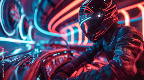Futuristic Racer in Neon Lit Cockpit. Generative AI