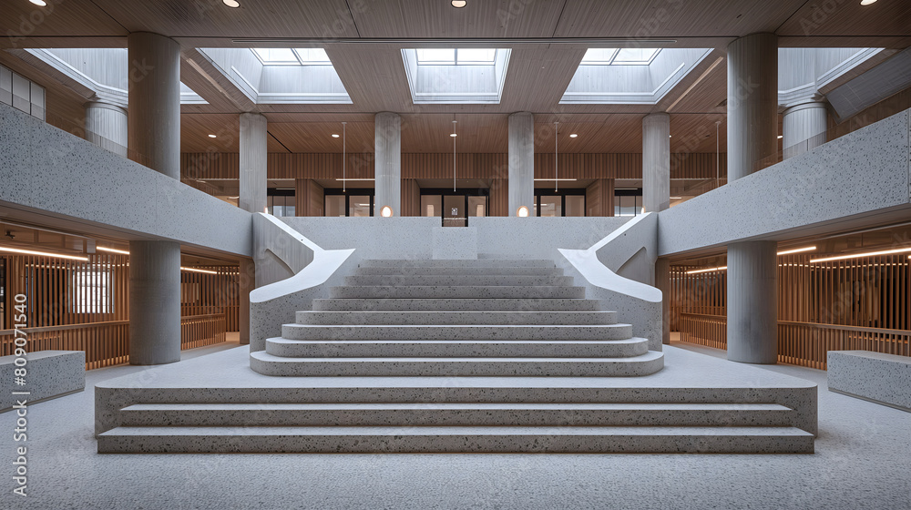 Obraz premium Spacious public building lobby with grand staircase and wooden accents