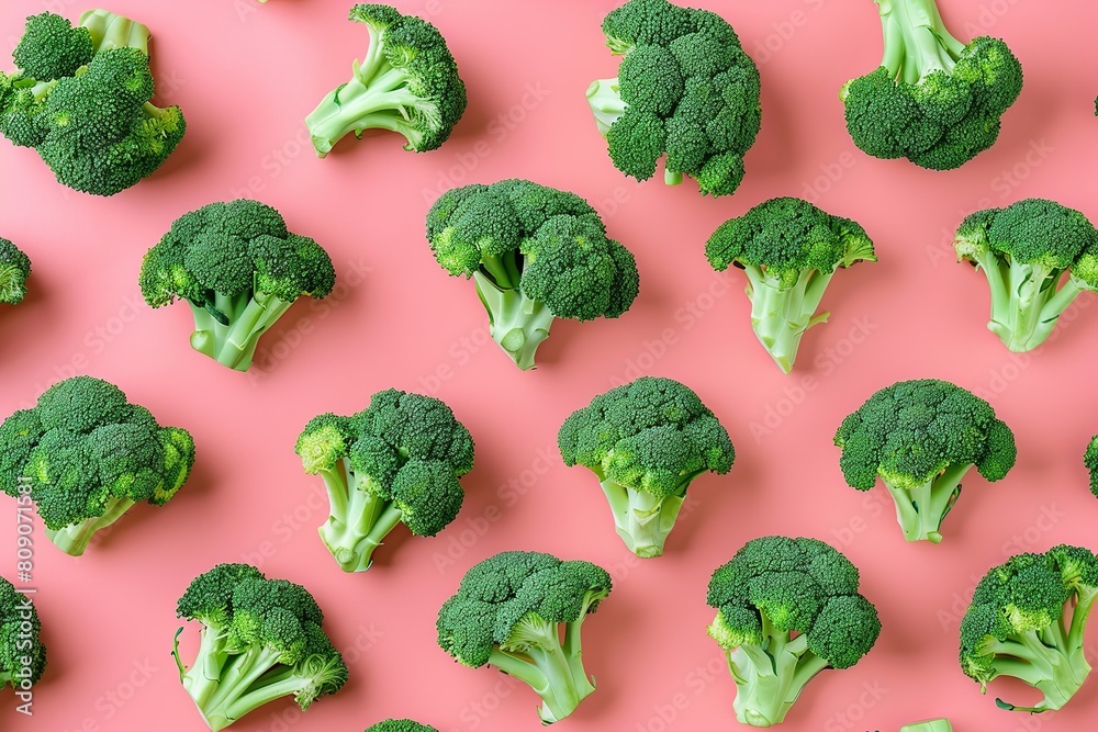 Pattern of fresh broccoli on pink background Pattern of fresh broccoli on pink background