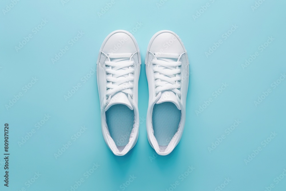 Top view of pair of modern sport shoes on blue background Top view of pair of modern sport shoes on blue background