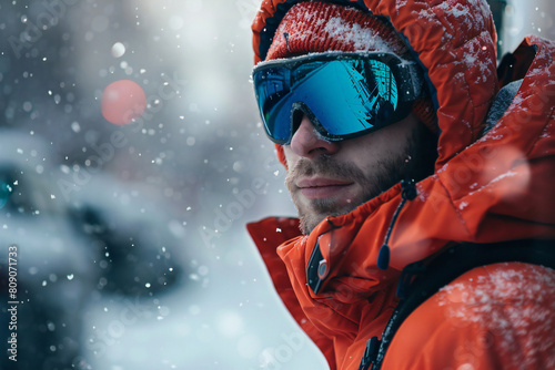 Winter Adventurer: Orange Glow Man in ski goggles, sporting vibrant orange attire amidst snow