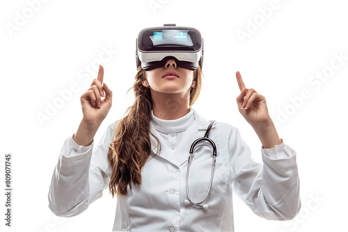 female doctor looking up and pointing with finger while using VR glasses on isolated transparent background