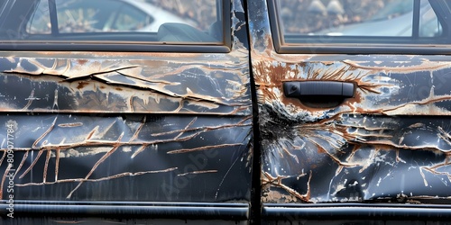 Potential Insurance Fraud: Vandalism of Scratched Car Door in Parking Lot. Concept Insurance Investigation, Car Vandalism, Parking Lot Incident, Suspicious Damage, Fraudulent Claim