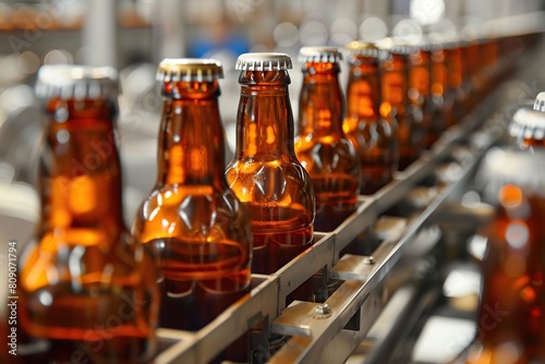 Beer bottles on a conveyor belt in brewery