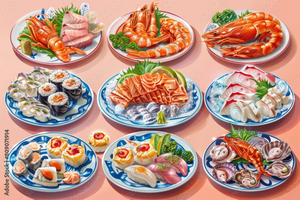 A kawaii isometric set of seafood dishes, each plate arranged to resemble ocean waves, model isolated on solid background A kawaii isometric set of seafood dishes, each plate arranged to resemble ocean waves, model isolated on solid background