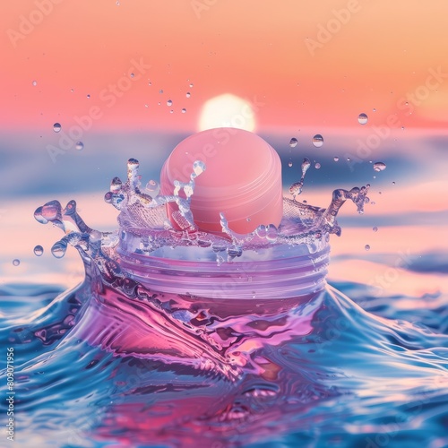 A lip balm in a water splash for a cosmetic ad on a bokeh background magically blurs the lines between everyday makeup and luxurious care