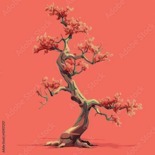 A painting isometric tree  with branches that twist into artistic patterns  model isolated on solid color background