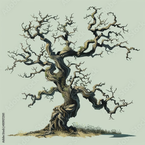 A painting isometric tree, with branches that twist into artistic patterns, model isolated on solid color background