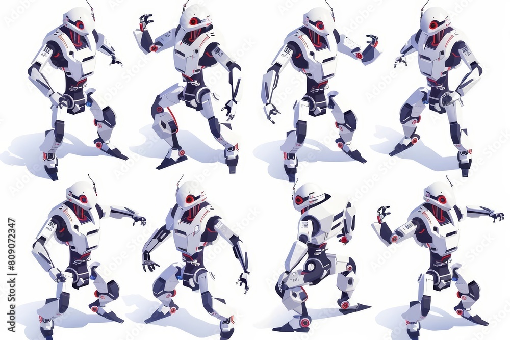A set of futuristic isometric robots, programmed for different tasks, dancing in sync, model isolated white background