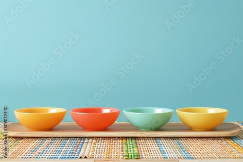 A wooden tray with four bowls of different colors on it © Phuriphat
