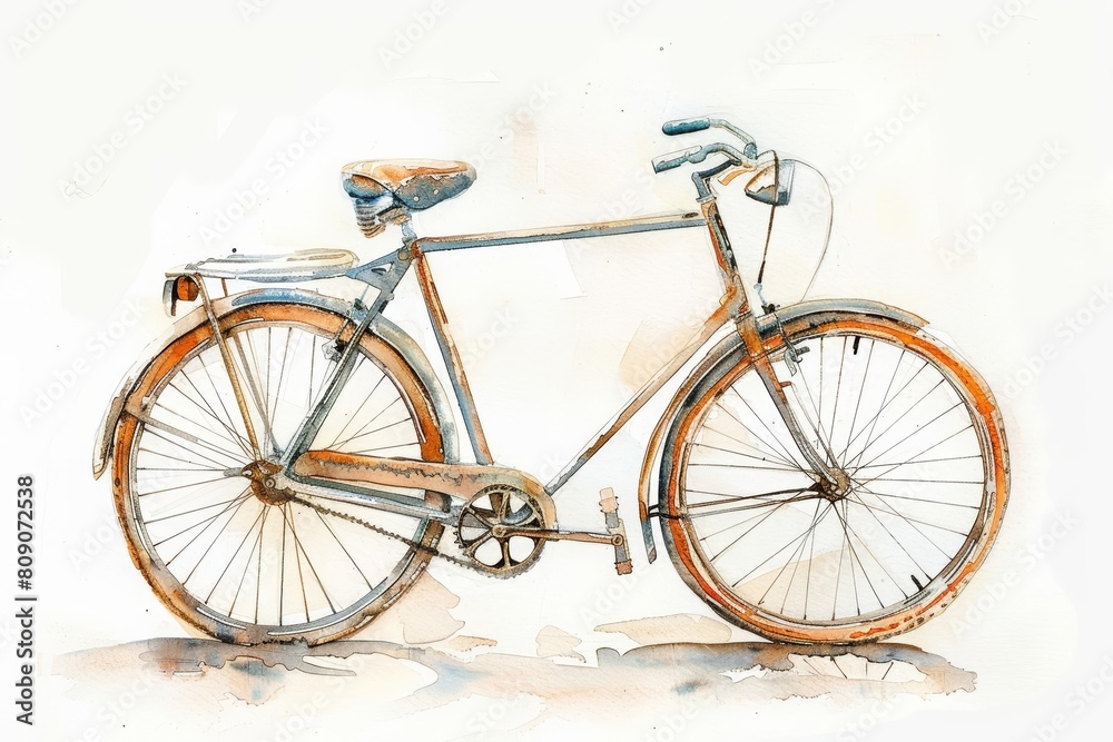 A small watercolor of a bicycle, energetically depicting its sleek frame, isolated white background