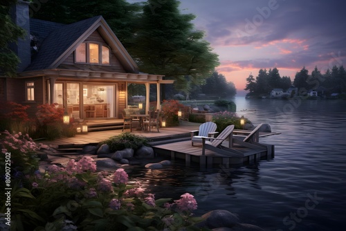 Luxury house on the water at sunset, 3d rendering