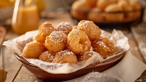 Golden, crunchy and sweet Mexican cupcakes in a tempting composition. Sweet bunuelos covered in powdered sugar with the aroma of cinnamon and vanilla. photo