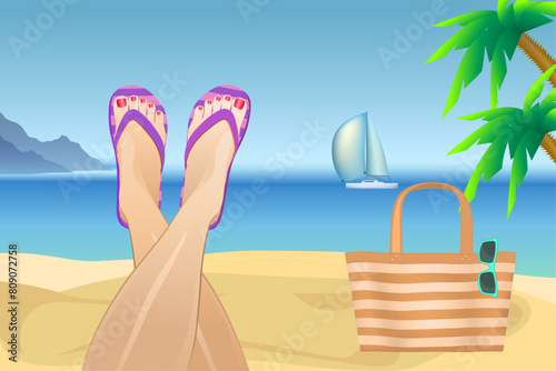 Cute violet striped slippers. Slender tanned female legs in flip-flops on the background of the sea. Relaxing on a tropical beach. The pink summer sandals vacation on the beach. Rest on the sea.