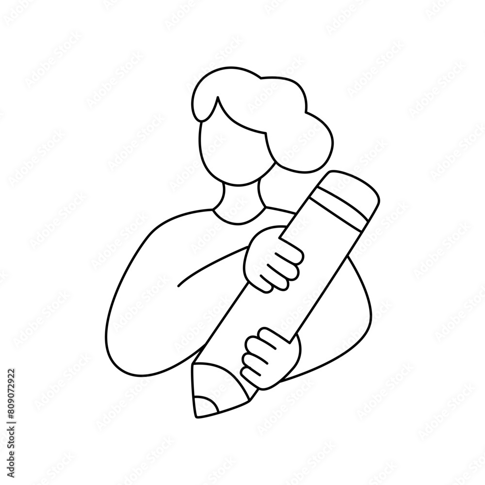 Girl holds big pencil in her hands. Line illustration, editable stroke Girl holds big pencil in her hands. Line illustration, editable stroke