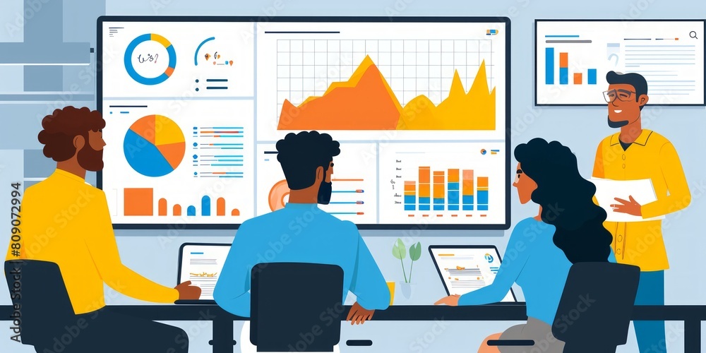 Teamwork process. Colleagues working together in office. Colleagues discussing financial graphs and diagrams. illustration in flat style