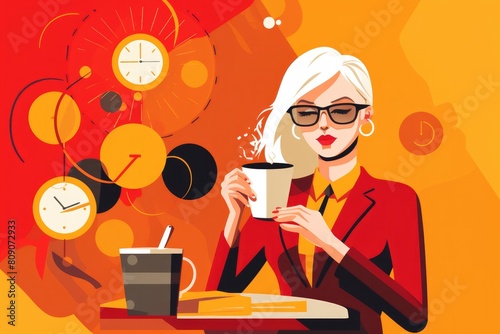 Illustration of a stylish businesswoman enjoying a coffee, surrounded by abstract time symbols. AI-generated. (ID: 809072933)