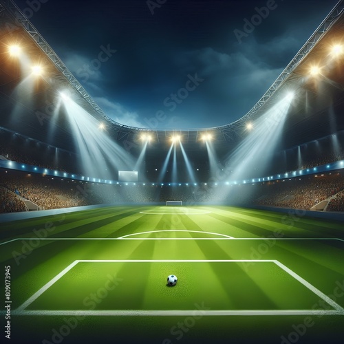 Football stadium arena for match with spotlight. Soccer sport background  green grass field for competition champion match.