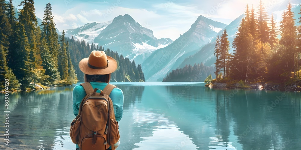 Hiker Enjoying the Breathtaking Scenery of a Serene Mountain Lake in a Lush Forested Landscape