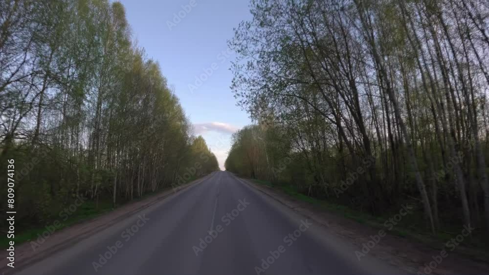 Driving along a country road at sunset, POV
Driving along a country road at sunset, POV