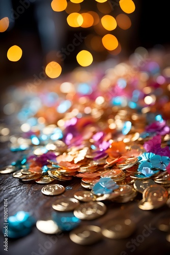 Colorful confetti on dark background with bokeh effect.
