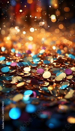 Shiny bokeh background with gold, blue and silver glitter