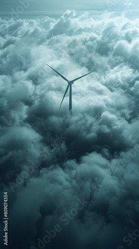 Efficient Wind Energy: Photo realistic Windmill Icon Surrounded by Clouds Concept Illustrating the Impact of Renewable Energy on Greenhouse Gas Emissions Reduction