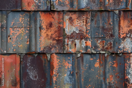 A rusted and weathered roof with a mix of red and blue colors