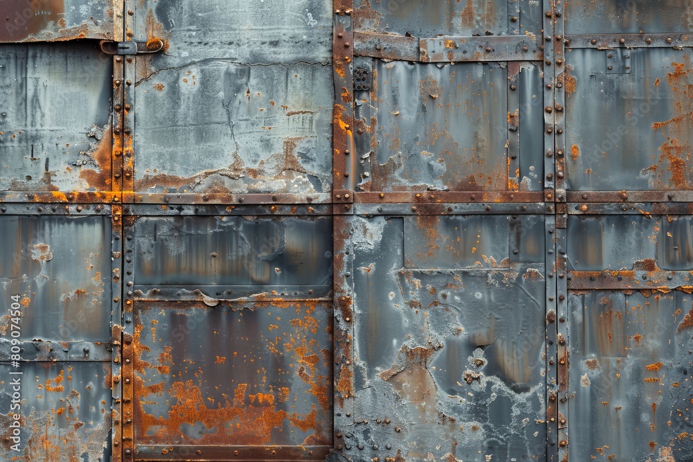 A rusted and weathered roof with a mix of red and blue colors A rusted and weathered roof with a mix of red and blue colors