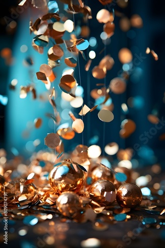 golden christmas decoration on blue bokeh background with copy space