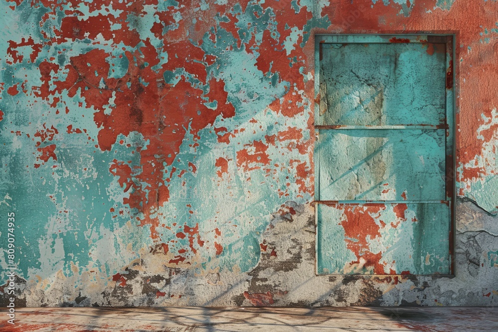 A rusted and weathered roof with a mix of red and blue colors A rusted and weathered roof with a mix of red and blue colors