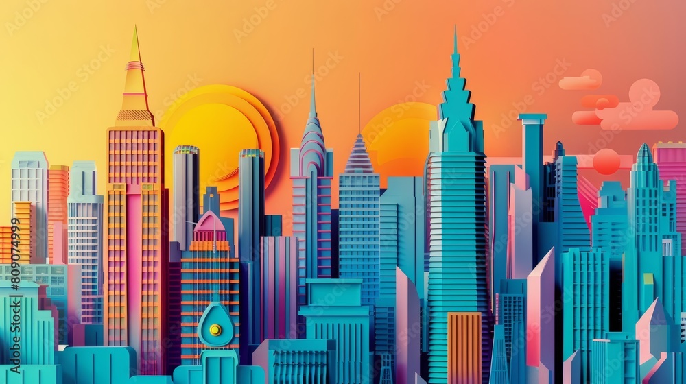 Creative paper art of a bustling cityscape, highlighting the vibrant energy of urban life in cyberpunk 80s colors, as a banner template sharpen with copy space