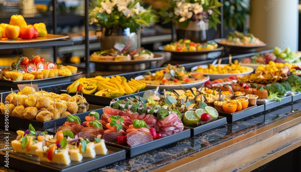 Obraz premium Delight in a brunch featuring signature dishes that create a busy actionshot of indulgent and healthy options clashing on a latenight menu stage