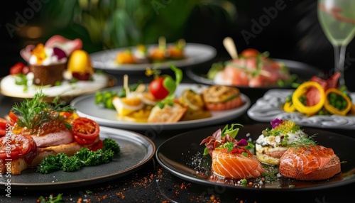 Delight in a brunch featuring signature dishes that create a busy actionshot of indulgent and healthy options clashing on a latenight menu stage photo