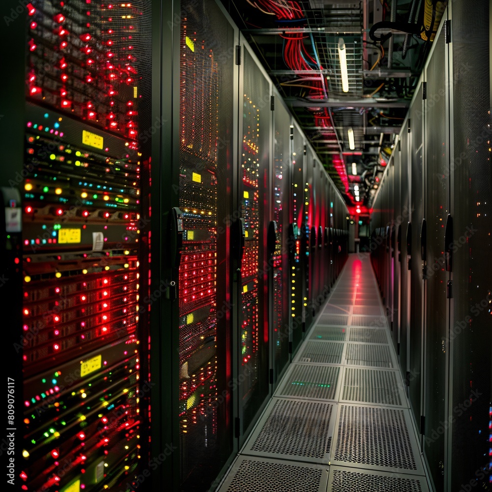 Fototapeta premium Conceptual image of a modern data center. Rows of server racks with bright red indicator lights.