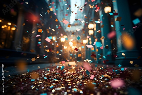 3d illustration of falling confetti in a city street at night