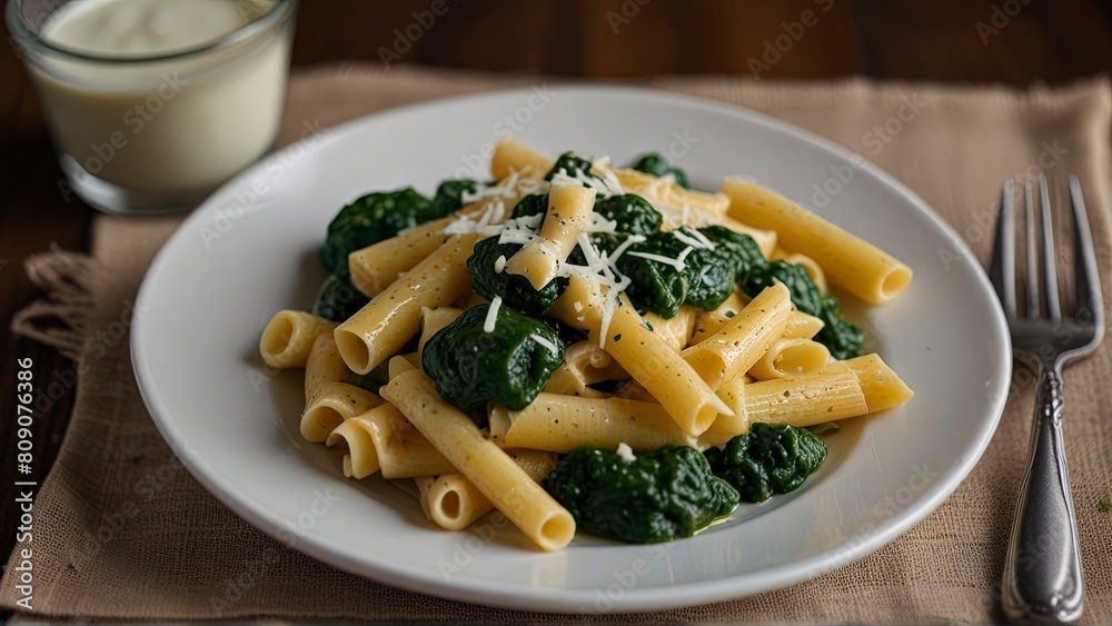 Pasta with Cheese and Spinach Sauce: Delicious Dish on Table.