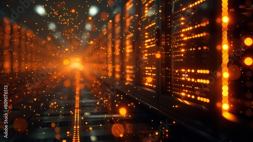 Golden Lights in Data Center Hallway
