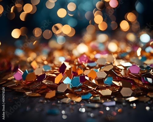 Golden confetti on a dark background. Festive background with bokeh.