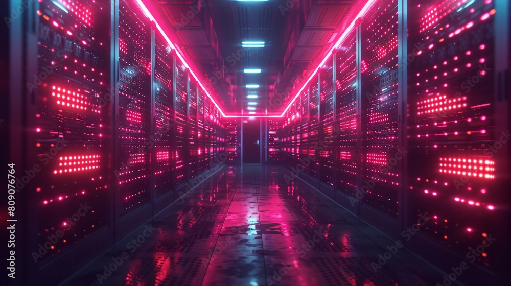 Vivid Pink Neon Lights in Data Center Aisle