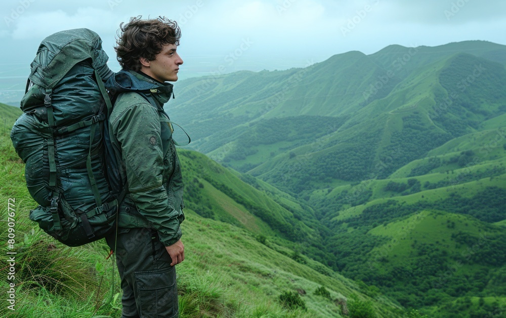 A man standing on top of a vibrant green hillside A man standing on top of a vibrant green hillside