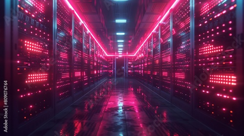 Vivid Pink Neon Lights in Data Center Aisle