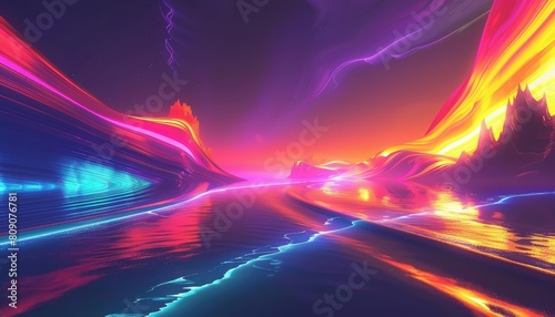 Modern futuristic neon abstract landscape of a dynamic coastline, designed in futuristic styles, showcases a bold and imaginative visual experience