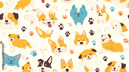 Seamless pattern with cute cartoon dogs and paws. Vector illustration