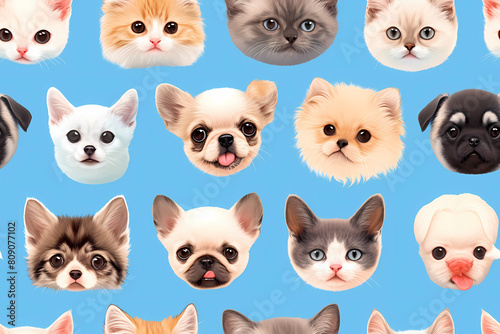 Seamless pattern of different breeds of cats and dogs on blue background